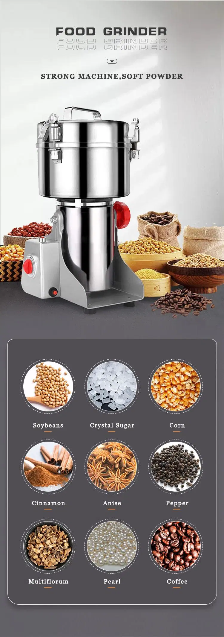 2000g Automatic Pet Grains Spices Cereals Dry Mill Coffee Food Grinder